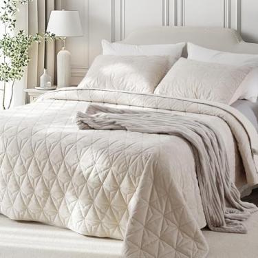 Imagem de DAWNDIOR Conjunto de colcha de veludo de luxo solteiro – 172,7 x 218,4 cm, costura geométrica, tripla, leve, para todas as estações, com 2 fronhas, cinza cáqui