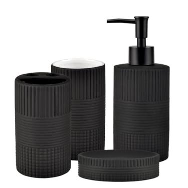 Imagem de YabcY Conjunto De Acessórios Para Banheiro Preto Fosco, 4 Peças Cerâmica Em Relevo, Suporte Completo Escova Dentes, Dispensador Sabão, Prato, Copo Decoração, Organizador Bancada