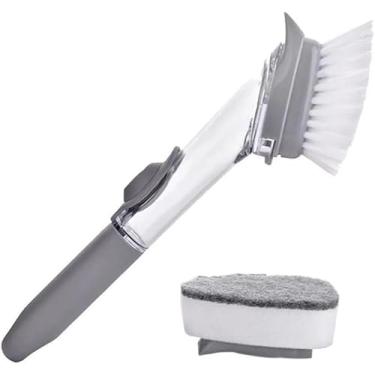 Imagem de Escova De Limpeza 2 Em 1 Dispenser Detergente Lava Louça. Lava a Louça com um sistema de Dispenser de Sabão Líquido ou detergente, evitando o desperdício e maximizando a limpeza.