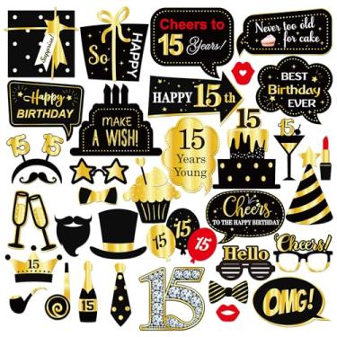 Imagem de INNORU Adereços Para Cabine De Fotos Aniversário 15 Anos, Sessão Adolescentes, Engraçados Fotografia Festa, Lembrancinhas Mesa Central Quinze Decorações Em Preto E Dourado, 35 Peças