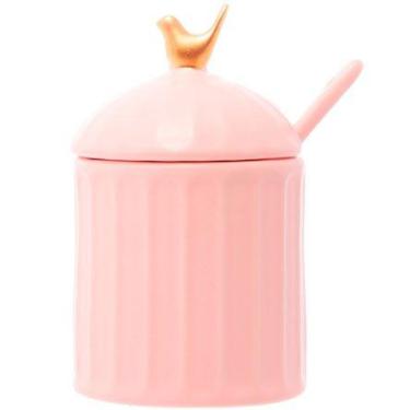 Imagem de Açucareiro De Cerâmica Colibri Com Colher Branco Ou Rosa 07x10cm - HAU