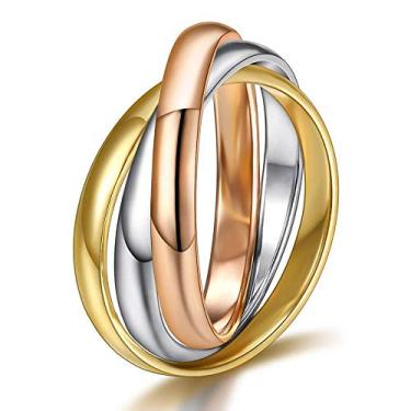 Imagem de SeiMios Anel intertravado de três tons para mulheres de aço inoxidável com três fileiras de rolamento Trinity Anel tamanho 5-9, Aço inoxidável, Sem pedra preciosa