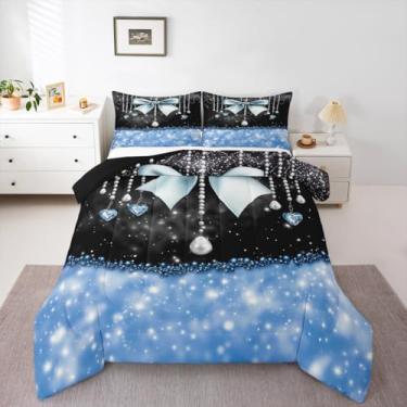 Imagem de Feelyou Lindo conjunto de cama com laço para meninas, meninos, crianças, tamanho casal, com glitter, edredom com laço azul, edredom de princesa, 3 peças, respirável, macio e leve de microfibra