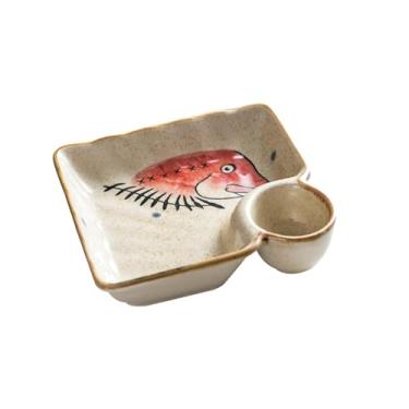 Imagem de Prato quadrado de cerâmica simples e bonito em estilo japonês criativo delicado e fresco - vermelho, cabeça de peixe gorda com marcas de bolso