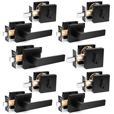 Imagem de Probrico Maçaneta de porta de passagem preta plana com conjunto de fechadura de cilindro duplo com chave semelhante, conjunto de maçanetas quadradas modernas, conjunto de maçanetas de porta externa e