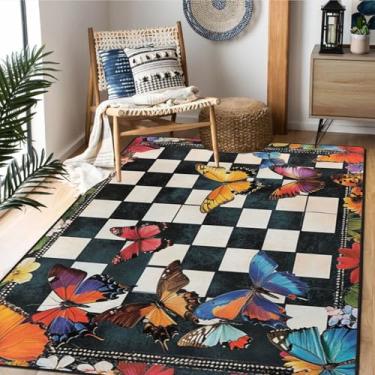 Imagem de AQQA Tapete xadrez supermacio de lã sintética para quarto, 12 x 18 cm, borboleta, preto e branco, tapete felpudo antiderrapante para sala de estar, quarto, quarto de crianças, quarto de bebê