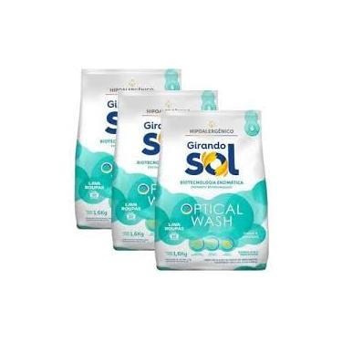 Imagem de 3 Sabão Em Pó Girando Sol Lava Roupas, Hipoalergênico 1,6Kg Lava Roupa Para Peles Sensíveis Verde Optical Wash Biotecnologia Enzimática