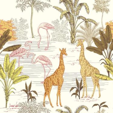 Imagem de LaCheery Papel de parede com estampa de girafa bege papel de parede de flamingo rosa 44,5 cm x 701 cm Papel de parede botânico tropical folha de bananeira papel de contato removível para armários