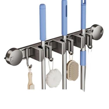 Imagem de Suporte de parede para esfregão e vassoura, ventosa com 3 compartimentos e 4 ganchos, organizador de ferramentas de jardim para armário, garagem, lavanderia, cozinha, decoração (médio)