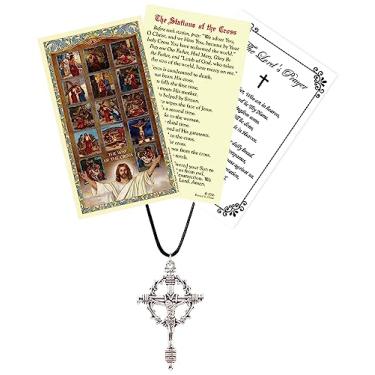 Imagem de Pingente de coroa de espinhos - em cordão de 76 cm, cartão laminado da estação da cruz, cartão de oração do Senhor | Crucifixo com colar de coroa de espinhos | Conjunto de 3 itens de colar de coroa de