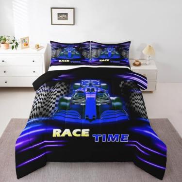 Imagem de Feelyou Conjunto de edredom de carro esportivo de corrida infantil, tamanho casal, para meninos e meninas, karting, estrada, para decoração de quarto de adolescentes, 3 peças