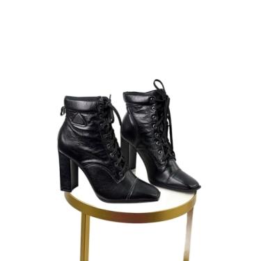 Imagem de Bota Feminina de Couro Preta, Cano Médio 12cm, Salto 4.5cm, Cadarço, Estilo Militar (PRETA, BR, Adulto, Numérico, 38)