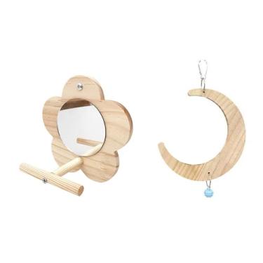 Imagem de Generic Balanço de madeira para periquito em forma de lua, anel pendurado com espelho de flor, escalada, poleiro para mastigar, gaiola, brinquedo pendurado, S