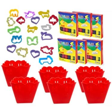 Imagem de Kit 120 Itens 24 Massinhas de Modelar  24 Cachepôs 72 Cortadores Sortidos Mimo Arte Lembrancinha  (Vermelho)