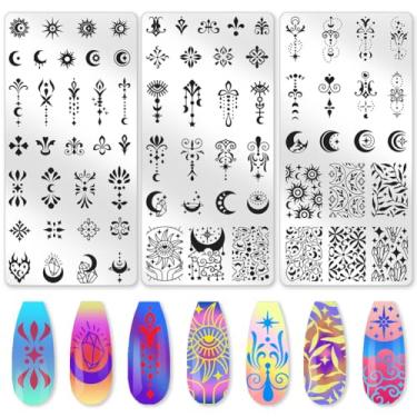 Imagem de beinkmake Conjunto de 3 peças de placas de estampagem de unhas de lua estrelas, sol, meteoros, boêmia, aço inoxidável, modelos de carimbos de unhas de silicone transparente com raspador de carimbo