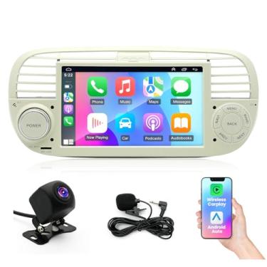 Imagem de Rádio estéreo automotivo 4 + 64 G Android 14 para Fiat 500 2007-2015, tela sensível ao toque IPS HD de 7 polegadas com CarPlay sem fio/Android Auto/WiFi/GPS/Bluetooth/Mirror Link/FM/USB/SWC/câmera de
