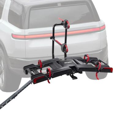 Imagem de BougeRV Suporte Ebike de 5 cm para carro, SUV e caminhão, carga máxima de 90 kg, suporte para suporte de bicicleta de engate de 2 bicicletas, fácil de usar, inclinável e dobrável