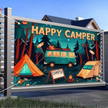 Imagem de HOMETITUTE Banner Happy Camper 188 x 109 cm Caminhão Camping Decorações de Festa Tema Azul Caminhão Floresta Aventura Fotografia Fundo Exterior Interior Família Barraca Decoração de Reuniões