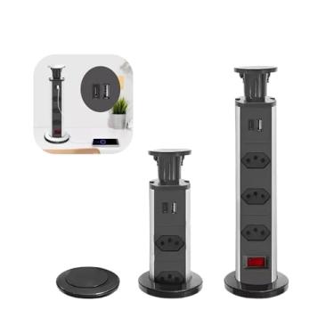 Imagem de Torre de Tomada Retrátil para Embutir Multiplug 3 Tomadas Bivolt USB-A USB-C Push Automático 24x8cm Alumínio e Plástico para Bancada Mesa Escritório Preta