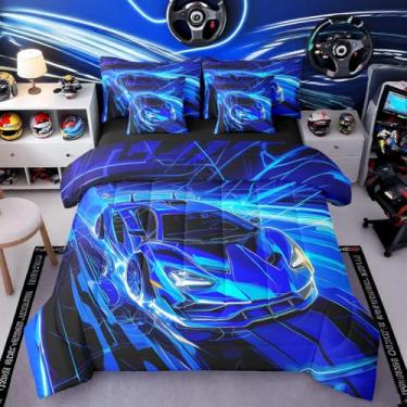 Imagem de jejeloiu Jogo de cama solteiro de carro de corrida azul com tema de esportes radicais, 7 peças, para meninos, adultos, adolescentes, jogos de alta velocidade, decoração de quarto