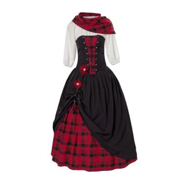 Imagem de Saniplaycos Vestido xadrez escocês tradicional renascentista das montanhas vestido de Natal reconstituição vestido retrô tartan