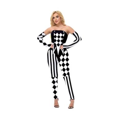 Imagem de Bemeiren Body de bobo da corte da corte do dia das bruxas para mulheres, roupa de palhaço, macacão de 2 peças com ombros de fora com manga removível, Listrado preto e branco, M
