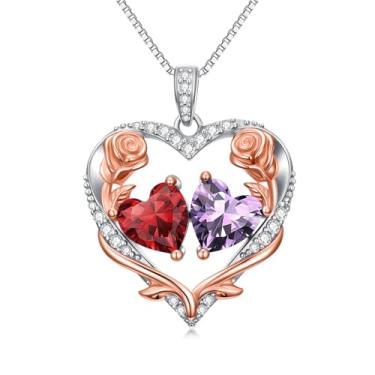 Imagem de Zoeniya Colar de coração rosa, presente para mulheres, banhado a ouro branco 18 k, pedra do mês de nascimento de 12 meses, presente de aniversário e Natal para sua esposa, namorada, 25mm, base