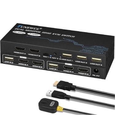 Imagem de TCNEWCL Switch Kvm De Monitor Duplo 4K A 60 Hz, Hdmi 2 Para Compartilhamento Pc E 3 Dispositivos Usb Com 4 Cabos