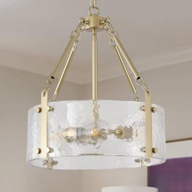 Imagem de Viksroeo Lustre dourado para sala de jantar 40,64 cm moderno lustre de vidro texturizado 3 luzes tambor cristal luminária vintage casa de fazenda redonda para cozinha ilha sobre mesa