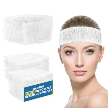 Imagem de RAQEHO 50 faixas de cabelo descartáveis para spa – faixas de cabeça faciais antiderrapantes elásticas para spa a granel para cabelo feminino, cuidados com a pele, lavagem de rosto, maquiagem