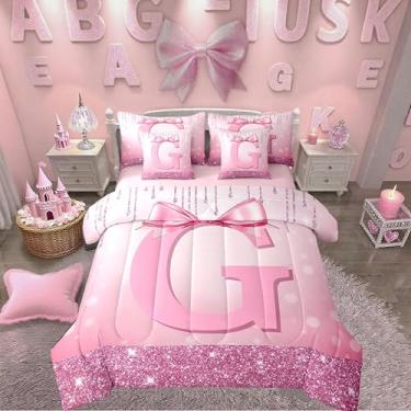 Imagem de Erosebridal Conjunto de cama infantil casal com laço rosa com letra G e laço rosa, princesa e laço com glitter, lençol com monograma, para presente de aniversário exclusivo