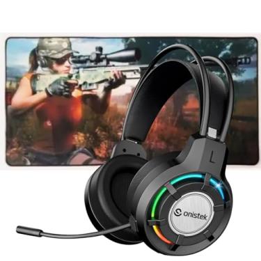 Imagem de Kit Gamer Headset Fone de Ouvido Microfone Flexivel Drive 50mm P2 USB LED RGB e Mouse Pad Grande 80x40 cm Tecido Emborrachado Antiderrapante (MP3)