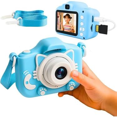 Imagem de Câmera Digital Infantil Portátil HD com Jogos Divertidos | Azul Gatinho | Recarregável, Capa de Silicone Inclusa | Fotos, Vídeos e Filtros HD