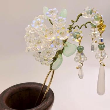 Imagem de Cayyoomm Bastão de cabelo vermelho escuro de resina com folhas azuis, elegante grampo de cabelo chinês Hanfu para mulheres, grampo de cabelo de metal para cabelos longos, acessório de cabelo vintage