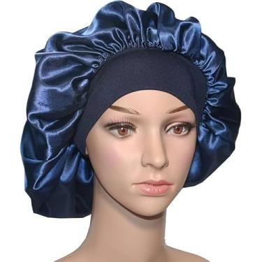 Imagem de Touca de Cetim Grande para Dormir com Faixa Larga Anti-Frizz - Gorro de Cetim com Aba Gigante, Proteção Cabelo Contra Frizz e Toque(3,azul marinho)
