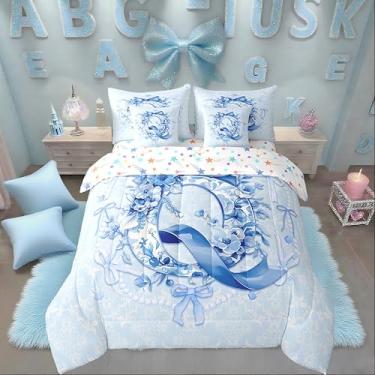Imagem de Erosebridal Conjunto de cama casal com laço floral azul, 7 peças, com inicial de flor, com lençóis, adolescentes, laço azul, Q cama em um saco, laços, presentes de aniversário iniciais para princesas