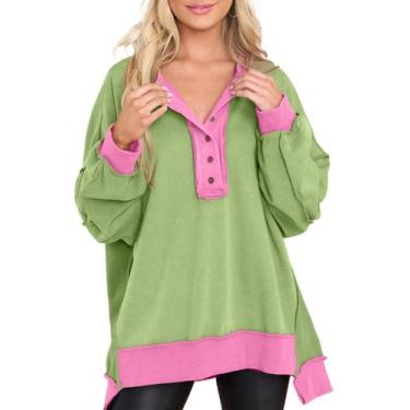Imagem de Moletom feminino AlvaQ Colorblock com decote em V, botão 2GG, verde, r