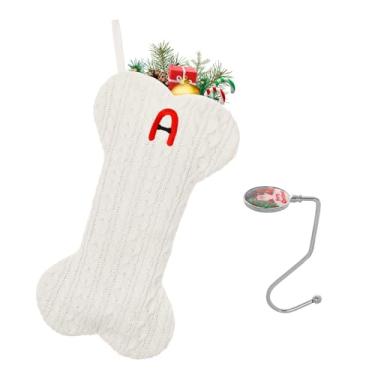 Imagem de guccde Meias de Natal personalizadas para animais de estimação com letra A grande osso de cachorro bordado monograma para decorações de família 1 peça branca