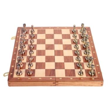 Imagem de 15-Inch Folding Chess Set, Wooden Board with Metal Pieces，Metal Bronze Chess Pieces, Travel Board Game with Extra 2 Queens (Bronze Color)