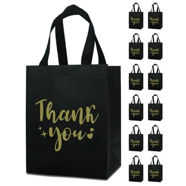 Imagem de REUGBEXPT 12 sacos de presente pretos de agradecimento - resistente, reutilizável, médio 20 x 12 x 25 cm com alças, não tecido para casamentos, professores, dia dos pais, festas, aniversários e