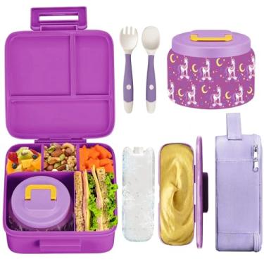 Imagem de Lancheira Infantil Térmica, Lancheira Bento com Pote Térmico de 236 ml, 5 Compartimentos à Prova de Vazamentos (Roxo)