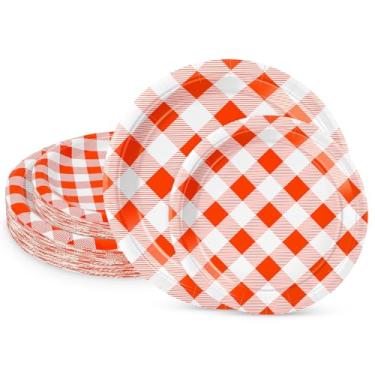 Imagem de LIKAJON 50 pratos de papel xadrez laranja e branco, 25 peças de 23 cm e 25 peças de pratos de sobremesa laranja descartáveis de 18 cm para formatura, casamento, chá de bebê, festa de aniversário
