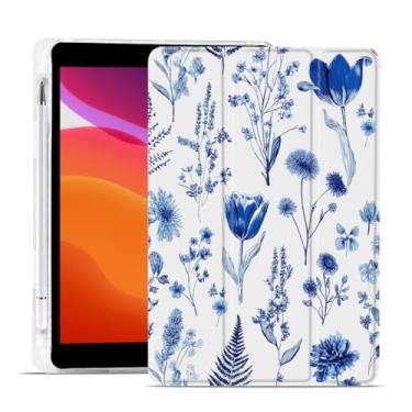 Imagem de MAYCARI Capa azul com flores pequenas para iPad 10,2 polegadas 2021/2020/2019 com suporte para lápis, padrão original iPad 9ª/8ª/7ª geração, capa protetora traseira de TPU macio, capa fina hibernar