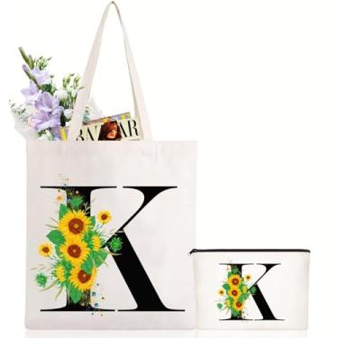 Imagem de Andeiltech Sacola de lona inicial com letra de girassol bolsa de maquiagem personalizada presente com monograma para damas de honra aniversário casamento, Letra K de girassol, One Size