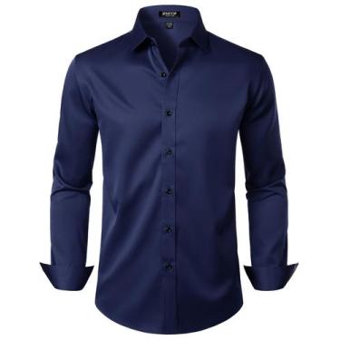 Imagem de Camisa social JEMITOP Wrinkle Free Stretch azul marinho para homens