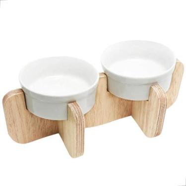 Imagem de Comedouro Elevado Gato Duplo Ração Pet Porcelana 300ml Marrom Claro - 