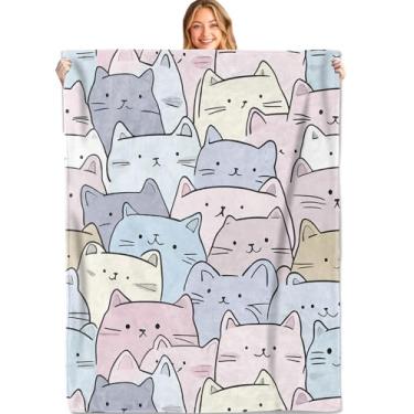 Imagem de MIEPOS Lindo cobertor de rosto de gato pastel, 101,6 x 127 cm, flanela macia e leve, gatos de desenho kawaii em rosa, azul, creme e lilás, presentes para mulheres, para decoração de sala de estar em
