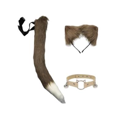 Imagem de Colaxi Conjunto de 3 peças de orelhas e cauda de gato, acessórios para fantasias de cosplay para baile de máscaras de Halloween, Café Branco