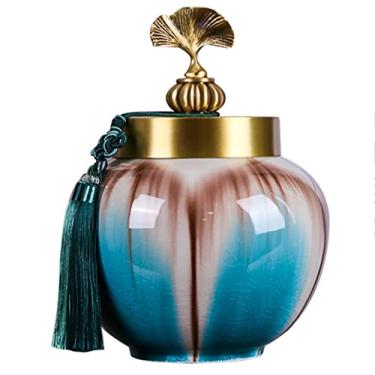 Imagem de Jarra de gengibre de cerâmica moderna com tampa, jarra de porcelana decorativa azul com tampas, vasos de flores feitos à mão, decoração para sala de estar, quarto, prateleira, estante