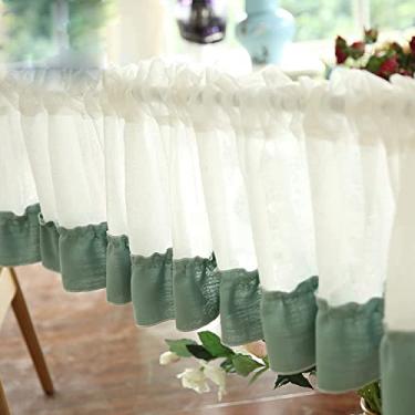 Imagem de QLDFX Cortina curta de cozinha, cortina bistrô moderna, cortina curta meia cortina de algodão semi-escurecimento com renda para sala de estar, quarto, cozinha, 1 peça, 200 x 50 cm